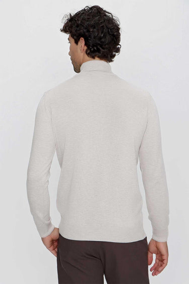 Man wearing light beige slim fit turtleneck sweater, back view, casual fashion