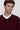 Man in a burgundy V-neck sweater with relaxed fit over a white collared shirt