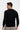 Man wearing a black long sleeve V-neck t-shirt with relaxed fit, back view