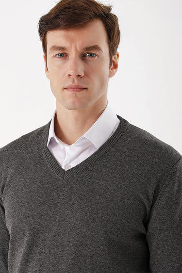 Man wearing grey V-neck sweater over white shirt, front view, studio background