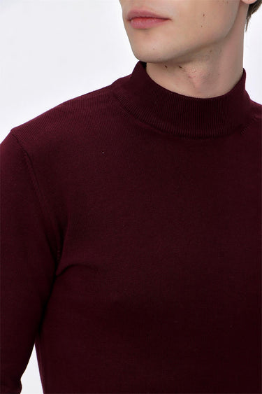 Close-up of a man wearing a burgundy mock neck sweater, relaxed fit, on white background.
