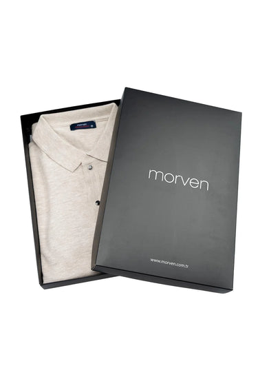 Beige short sleeve polo shirt in a gift box with buttons and folded collar