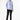 Man wearing blue slim fit shirt and black dress pants against white background
