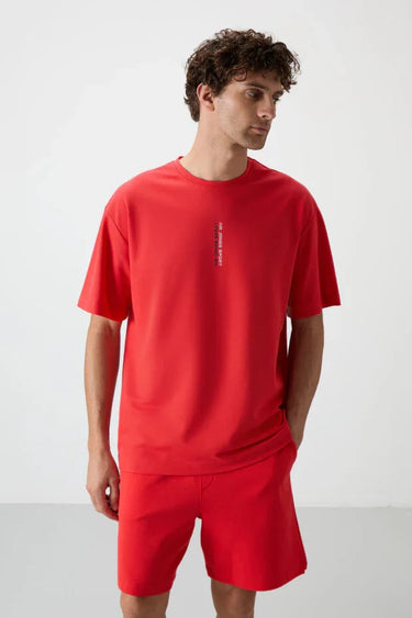 TOMMYLIFE Men's Textured Oversize Fit Printed Cotton T-Shirt