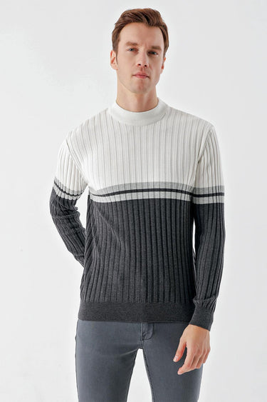 Man wearing ribbed knit colorblock grey and white sweater with crew neck and long sleeves