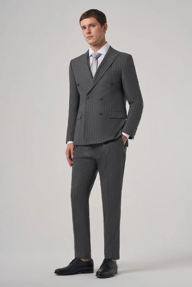Morven Men's Smoke Grey Double-Breasted Striped Suit