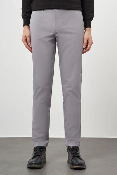 Men's grey cotton slim fit trousers with side pockets, front view
