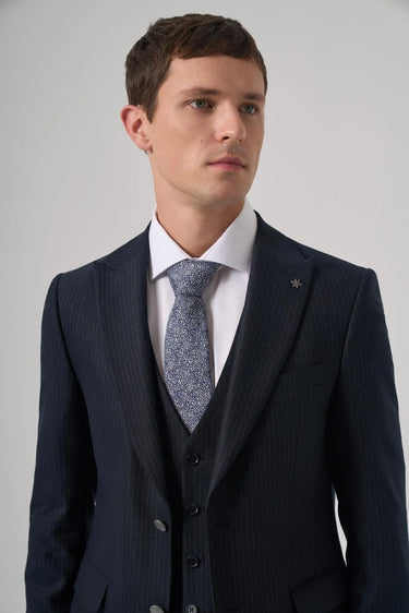 Morven Men's Navy Striped Slim Fit Suit with Vest