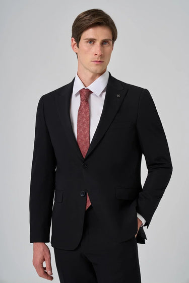 Morven Men's Black Polyviscon Basic Slim Fit Pointed Collar Suit