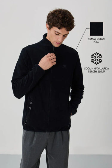 Embroidered Stand Collar Zip-Up Men’s Fleece Sweatshirt
