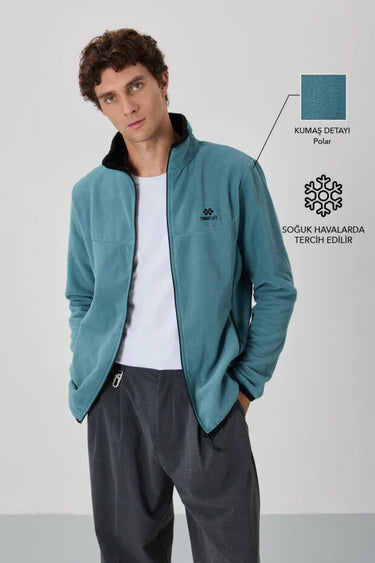 Embroidered Stand Collar Zip-Up Men’s Fleece Sweatshirt