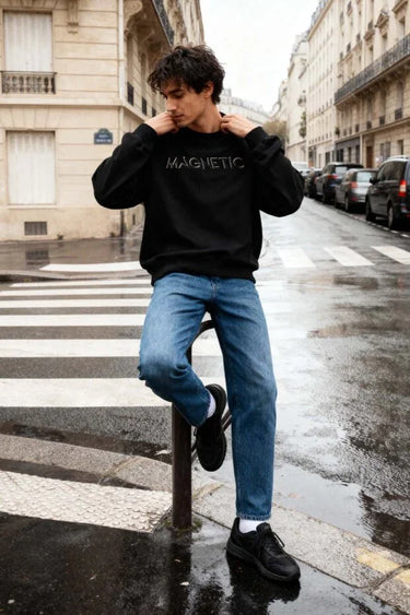 Embroidered Crew Neck Relaxed Fit Men’s Fleece Sweatshirt