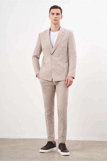 Morven Men's Brown Linen Double-Breasted Slim Fit Suit