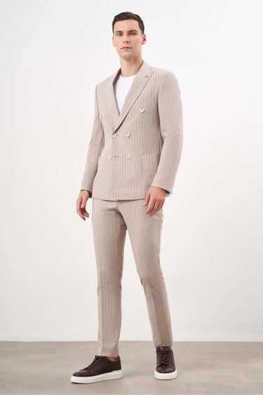 Morven Men's Brown Linen Double-Breasted Slim Fit Suit
