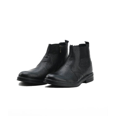 Men's black leather Chelsea boots with side zipper and elastic panel, stylish footwear