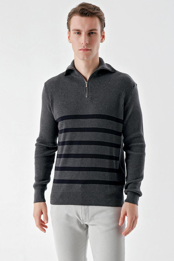 Morven Men's Trend Striped Zippered Stand Collar Dynamic Fit Relaxed Cut Knitwear