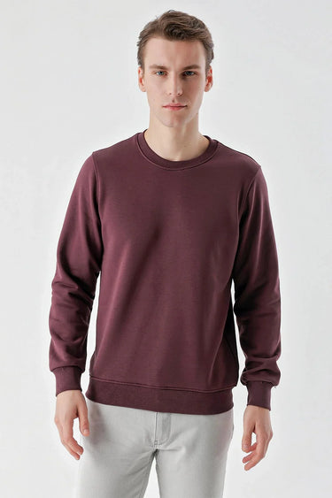 Man wearing a plain burgundy crew neck sweatshirt and light gray pants on white background