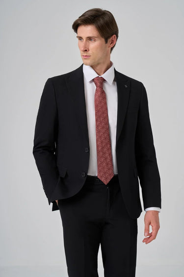 Morven Men's Black Polyviscon Basic Slim Fit Pointed Collar Suit