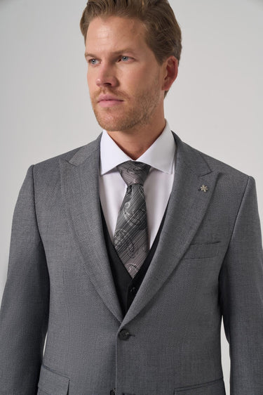 Morven Men's Black Patterned Slim Fit Suit with Vest