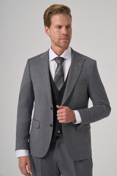 Morven Men's Black Patterned Slim Fit Suit with Vest