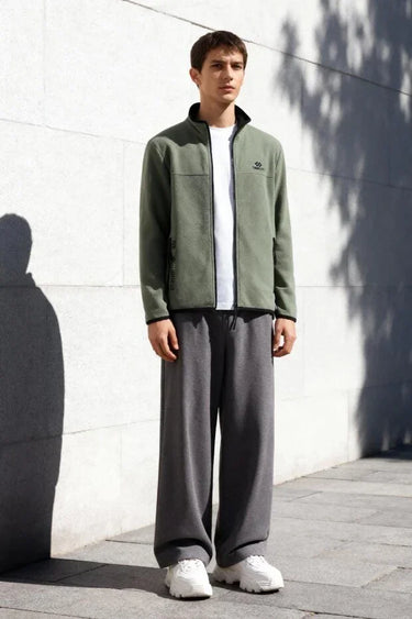 Embroidered Stand Collar Zip-Up Men’s Fleece Sweatshirt